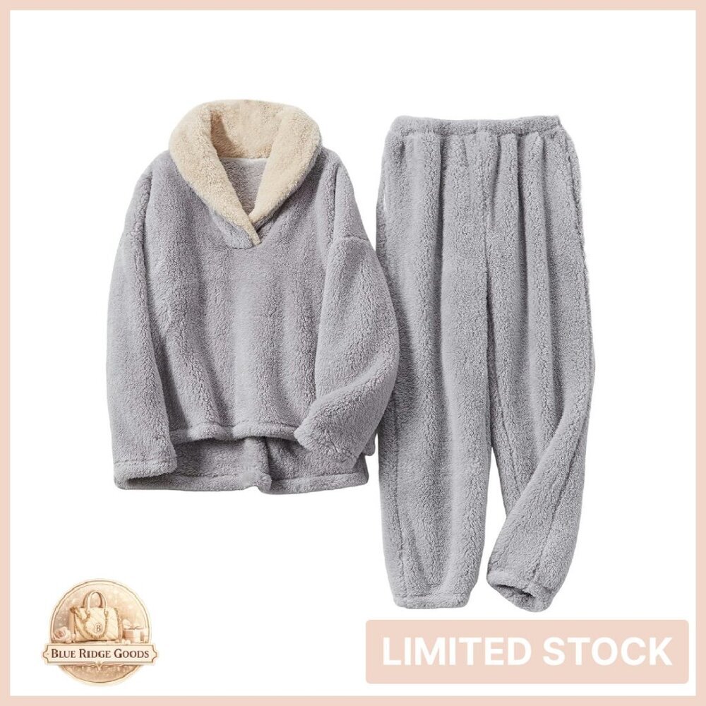 Fluffy Fleece Pajamas Set Cozy Oversized Chic Lounge Wear Pullover Pants - Picture 1 of 8